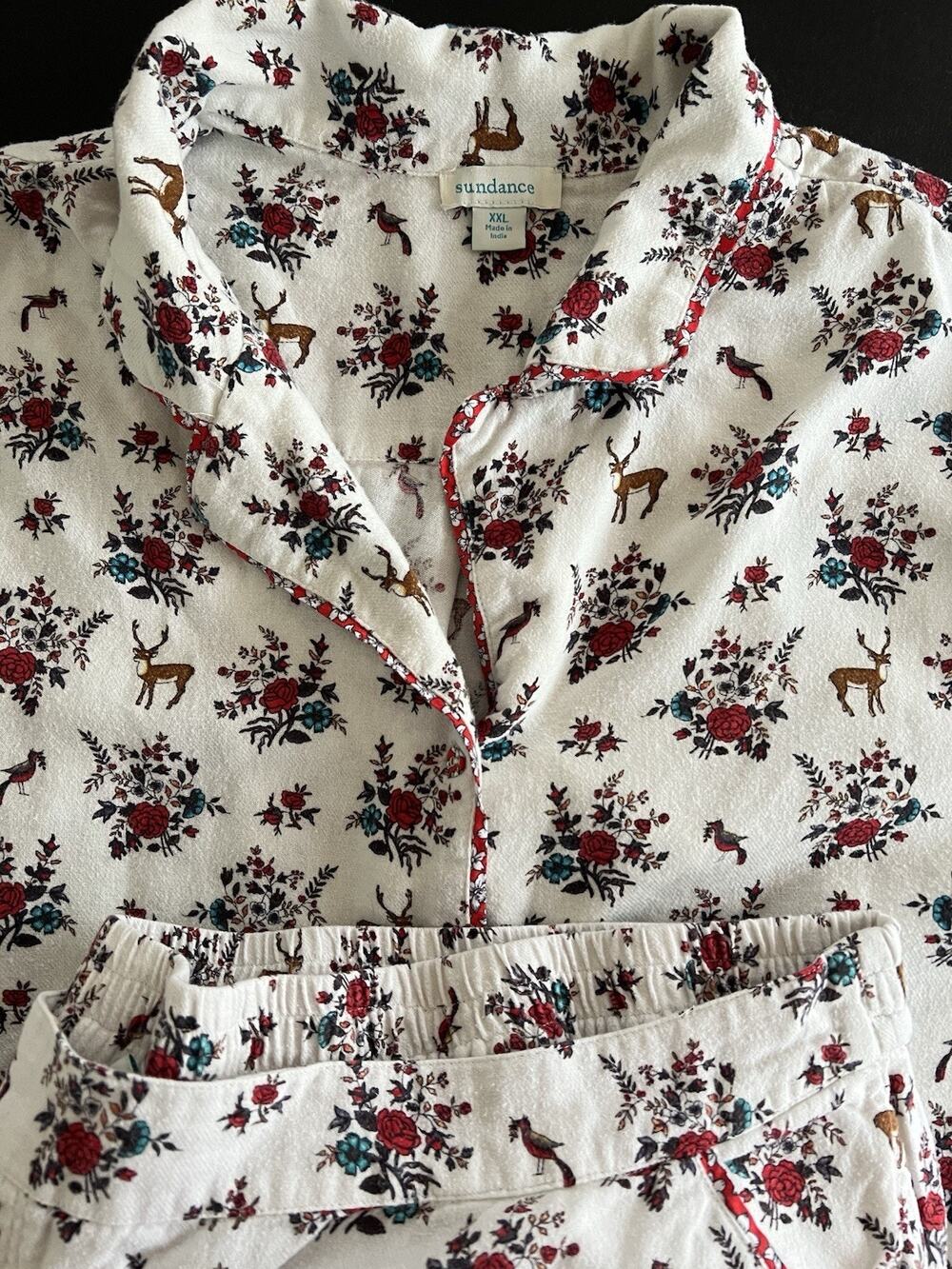 Sundance Womens White Floral & Reindeer Collared Long Sleeve Pajama Set Size XXL